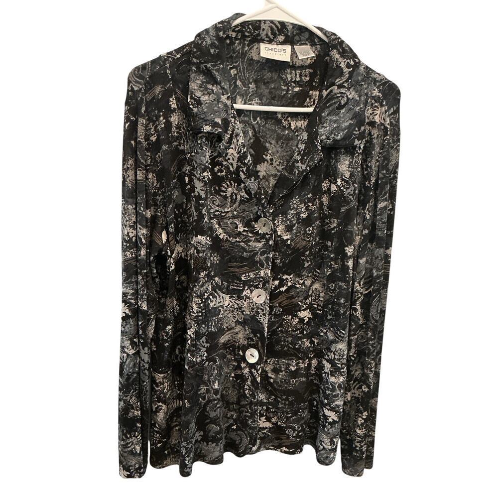 Vintage Chicos Travelers Womens Cardigan XL 3‎ Black Paisley Airplane Fall Indie